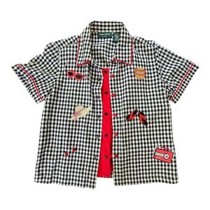 Vtg Lemon Grass Black Gingham Plaid Embroidered Picnic Button-Up Shirt Novelty S